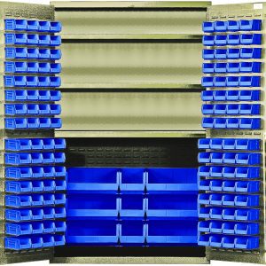 The Quantum Heavy-Duty 48 Bin Cabinet features a beige powder-coated finish, open doors, three adjustable shelves with a 400 lb. capacity each, and includes 64 Qus210 bins, 64 Qus220 bins, 3 Qus240 bins, and 6 Qus250 blue plastic bins within its all-welded steel frame (48W x 24D x 78H).