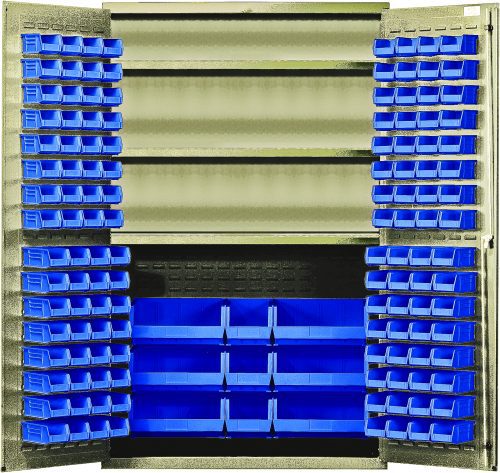 The Quantum Heavy-Duty 48 Bin Cabinet features a beige powder-coated finish, open doors, three adjustable shelves with a 400 lb. capacity each, and includes 64 Qus210 bins, 64 Qus220 bins, 3 Qus240 bins, and 6 Qus250 blue plastic bins within its all-welded steel frame (48W x 24D x 78H).