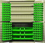 The Quantum Heavy-Duty 48 Bin Cabinet, featuring three adjustable shelves and a robust 14-gauge welded design, holds (64) QUS210, (64) QUS220, (3) QUS240, and (6) QUS250 green bins for organized storage. Each shelf supports up to 400 lbs., while the beige finish complements its sturdy construction.