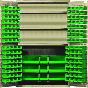 The Quantum Heavy-Duty 48 Bin Cabinet, featuring three adjustable shelves and a robust 14-gauge welded design, holds (64) QUS210, (64) QUS220, (3) QUS240, and (6) QUS250 green bins for organized storage. Each shelf supports up to 400 lbs., while the beige finish complements its sturdy construction.