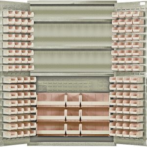 Introducing the Quantum Heavy-Duty 48 Bin Cabinet, featuring all-welded 14-gauge construction with adjustable shelves and ivory bins. This beige powder-coated unit holds up to 400 lb. per shelf, offering a durable and organized storage solution.