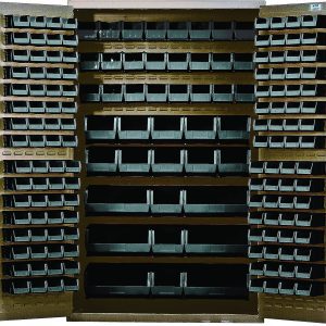 The Quantum Heavy-Duty 48 Bin Cabinet, measuring 48W x 24D x 78H, features a robust 14-gauge all-welded construction and a beige powder-coated finish. It includes black bins: 64 QUS210, 64 QUS220, 24 QUS230, 13 QUS240, and 6 QUS250 for an organized storage area.