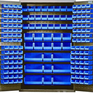 The Quantum Heavy-Duty 48 Bin Cabinet features open doors revealing organized blue bins: (64) QUS210, (64) QUS220, (24) QUS230, (13) QUS240, and (6) QUS250. Its robust all-welded 14-gauge construction and beige powder-coated finish store tools or small items neatly on shelves and doors.