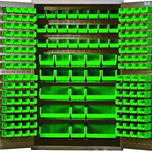 The Quantum Heavy-Duty 48 Bin Cabinet, measuring 48W x 24D x 78H, features open doors revealing a neat arrangement of green bins—(64) QUS210, (64) QUS220, (24) QUS230, (13) QUS240, and (6) QUS250—showcasing its sturdy 14-gauge all-welded construction with a beige powder-coated finish.