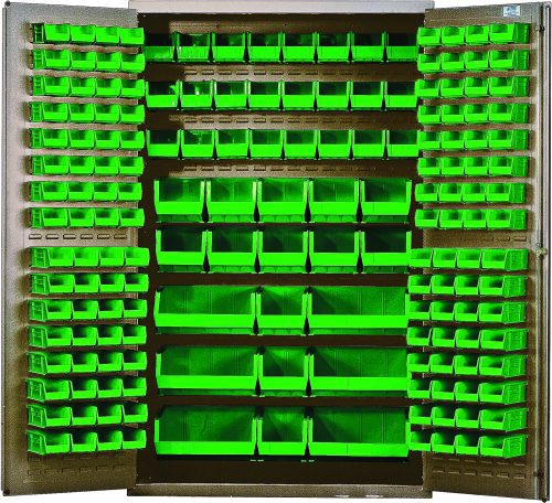 The Quantum Heavy-Duty 48 Bin Cabinet, measuring 48W x 24D x 78H, features open doors revealing a neat arrangement of green bins—(64) QUS210, (64) QUS220, (24) QUS230, (13) QUS240, and (6) QUS250—showcasing its sturdy 14-gauge all-welded construction with a beige powder-coated finish.