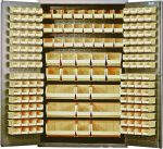 The Quantum Heavy-Duty 48 Bin Cabinet, with a 14-gauge all-welded construction and a beige powder-coated finish, includes an array of ivory bins: 64 QUS210s, 64 QUS220s, 24 QUS230s, 13 QUS240s, and 6 QUS250s; ideal for meticulous organization of small items.