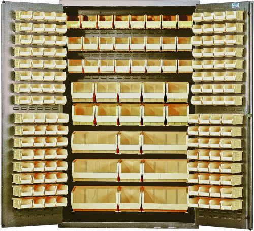 The Quantum Heavy-Duty 48 Bin Cabinet, with a 14-gauge all-welded construction and a beige powder-coated finish, includes an array of ivory bins: 64 QUS210s, 64 QUS220s, 24 QUS230s, 13 QUS240s, and 6 QUS250s; ideal for meticulous organization of small items.