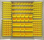 The Quantum Heavy-Duty 48 Bin Cabinet, featuring a 14-gauge all-welded construction, stands at 48W x 24D x 78H. It includes a beige powder-coated finish and an organized setup of (64) QUS210, (64) QUS220, (24) QUS230, (13) QUS240, and (6) QUS250 yellow bins for efficient small parts storage.