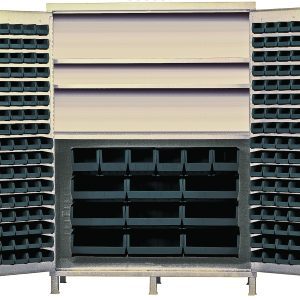 The Quantum Heavy-Duty 60 Bin Cabinet, measuring 60W x 24D x 84H, features a robust all-welded construction with three adjustable shelves. It holds (80) QUS210, (90) QUS220, (6) QUS240, and (9) QUS250 black bins for storage. The beige powder-coated cabinet is set against a plain backdrop.