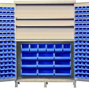 The Quantum Heavy-Duty 60 Bin Cabinet, measuring 60W x 24D x 84H, offers versatile storage with a 500 lb. capacity per shelf. It features a durable, all-welded construction and includes 3 adjustable shelves and numerous blue bins for optimal organization. Finished in beige powder-coating.
