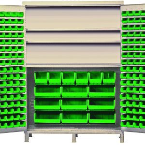 The Quantum Heavy-Duty 60 Bin Cabinet, measuring 60W x 24D x 84H, features a robust construction and beige powder-coated finish. It includes three adjustable shelves and is equipped with an array of green bins: (80) Qus210, (90) Qus220, (6) Qus240, and (9) Qus250 for efficient organization.