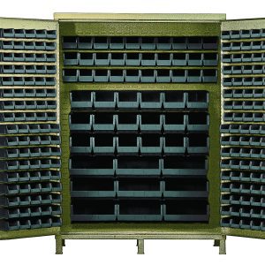 The Quantum Heavy-Duty 60 Bin Cabinet with open doors shows neatly organized black bins in a sturdy 60W x 24D x 84H frame, ideal for storing parts or tools. Includes: (80) QUS210, (90) QUS220, (30) QUS230, (18) QUS240, and (9) QUS250 bins in a beige powder-coated finish.