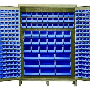 The Quantum Heavy-Duty 60 Bin Cabinet, measuring 60W x 24D x 84H in a beige powder-coated finish, showcases (80) QUS210, (90) QUS220, (30) QUS230, (18) QUS240, and (9) QUS250 blue bins. These bins are neatly arranged on shelves and door interiors for organized storage.