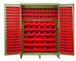The Quantum Heavy-Duty 60 Bin Cabinet, measuring 60W x 24D x 84H, includes (90) QUS220 red bins arranged neatly with other bin sizes=