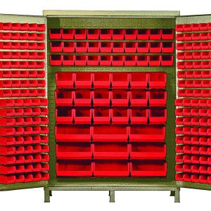 The Quantum Heavy-Duty 60 Bin Cabinet, measuring 60W x 24D x 84H, includes (90) QUS220 red bins arranged neatly with other bin sizes across shelves and doors for a tidy look. Made from 14-gauge welded steel with a beige powder-coated finish, it ensures durability and organization.