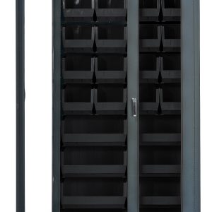 The Quantum Heavy-Duty 36 Bin Cabinet, measuring 36W x 18D x 78H, features clear acrylic doors and includes (20) Qus240 and (8) Qus250 black bins. It boasts a gray powder-coated finish and a durable 14 gauge all welded construction for lasting quality.