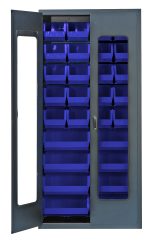 The Quantum Heavy-Duty 36 Bin Cabinet features a tall, open design with a gray powder-coated finish and clear acrylic doors. It includes 20 Qus240 and 8 Qus250 blue bins and has a durable 14-gauge all-welded construction. The right door has a handle, showcasing contents through transparent panels.