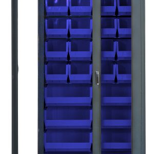 The Quantum Heavy-Duty 36 Bin Cabinet features a tall, open design with a gray powder-coated finish and clear acrylic doors. It includes 20 Qus240 and 8 Qus250 blue bins and has a durable 14-gauge all-welded construction. The right door has a handle, showcasing contents through transparent panels.