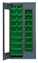 The Quantum Heavy-Duty 36 Bin Cabinet, 36W x 18D x 78H, has a gray powder-coated metal frame with a clear acrylic door that opens on the right. Inside are neat rows of green bins: (20) QUS240 and (8) QUS250.