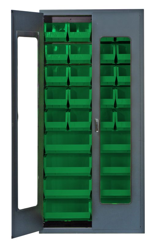 The Quantum Heavy-Duty 36 Bin Cabinet, 36W x 18D x 78H, has a gray powder-coated metal frame with a clear acrylic door that opens on the right. Inside are neat rows of green bins: (20) QUS240 and (8) QUS250.