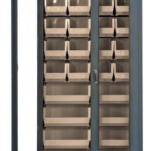 The Quantum Heavy-Duty 36 Bin Cabinet features a clear acrylic door and gray powder-coated finish, showcasing its 14-gauge, all-welded construction. Inside, it organizes (20) QUS240 and (8) QUS250 ivory bins across vertical columns.