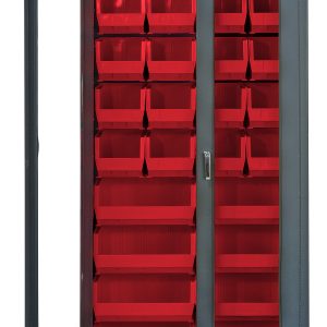 The 36W x 18D x 78H Quantum Heavy-Duty Bin Cabinet features a gray powder-coated finish, clear acrylic doors, and sturdy all-welded construction. It includes twenty Qus240 and eight Qus250 red bins, ideal for organizing small tools or items.