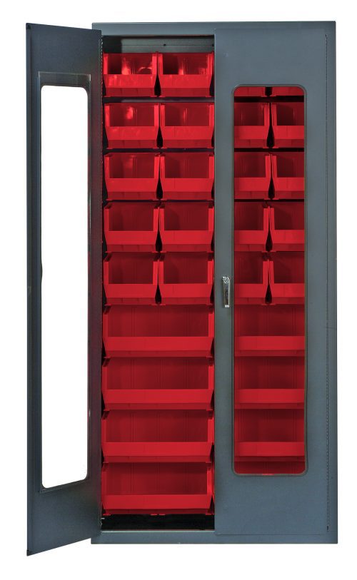 The 36W x 18D x 78H Quantum Heavy-Duty Bin Cabinet features a gray powder-coated finish, clear acrylic doors, and sturdy all-welded construction. It includes twenty Qus240 and eight Qus250 red bins, ideal for organizing small tools or items.