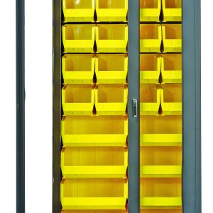 The Quantum Heavy-Duty 36W x 18D x 78H Bin Cabinet has a gray powder-coated finish and clear acrylic door. Inside, the sturdy 14-gauge welded construction holds 20 Qus240 and 8 Qus250 yellow bins, neatly organized and visible through the open door.