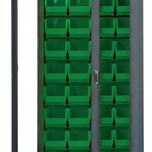The Quantum Heavy-Duty 36 Bin Cabinet has a clear acrylic door and robust 14-gauge welded construction. It features a gray powder-coated finish and includes 36 QUS240 green bins neatly arranged inside, designed for maximum durability. Dimensions: 36W x 18D x 78H.