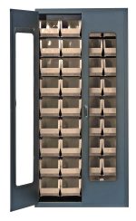 The Quantum Heavy-Duty 36 Bin Cabinet, in tall gray powder-coated finish, features clear acrylic doors with vertical handles. Inside, 36 QUS240 ivory bins are neatly arranged and visible. The open left door reveals more storage options within its robust 14-gauge all-welded construction.