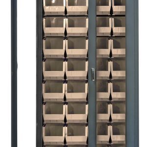 The Quantum Heavy-Duty 36 Bin Cabinet, in tall gray powder-coated finish, features clear acrylic doors with vertical handles. Inside, 36 QUS240 ivory bins are neatly arranged and visible. The open left door reveals more storage options within its robust 14-gauge all-welded construction.