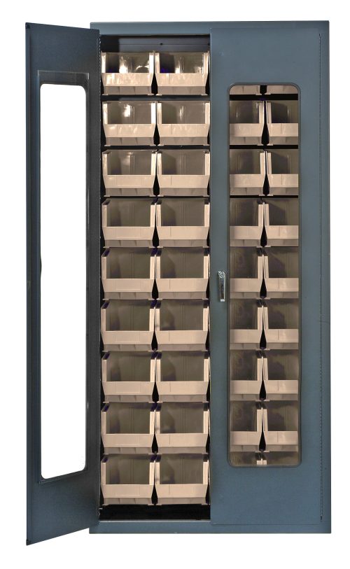 The Quantum Heavy-Duty 36 Bin Cabinet, in tall gray powder-coated finish, features clear acrylic doors with vertical handles. Inside, 36 QUS240 ivory bins are neatly arranged and visible. The open left door reveals more storage options within its robust 14-gauge all-welded construction.