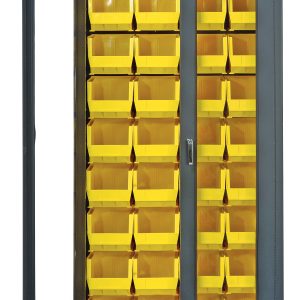The Quantum Heavy-Duty 36 Bin Cabinet (36W x 18D x 78H) features clear acrylic doors and includes 36 QUS240 yellow bins. Built with a durable, gray powder-coated, 14-gauge all welded construction, its ideal for organizing small parts or tools.