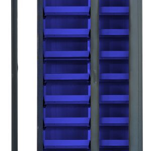 The Quantum Heavy-Duty 36 Bin Cabinet features a gray powder-coated finish with a clear acrylic door, measures 36W x 18D x 78H, and includes (18) QUS250 blue bins for efficient storage and organization.