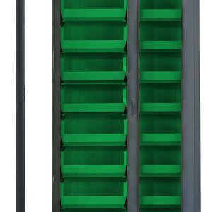 The Quantum Heavy-Duty 36 Bin Cabinet features a gray powder-coated finish, clear acrylic doors, and 18 green bins inside. Measuring 36W x 18D x 78H, its durable all-welded construction provides a stylish and functional storage solution.