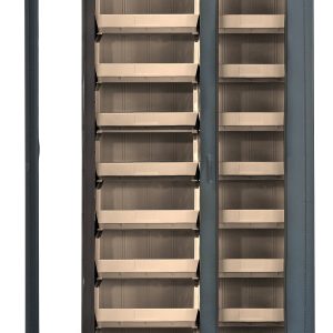 The Quantum Heavy-Duty 36 Bin Cabinet features a clear acrylic door, sturdy 14-gauge all-welded construction, and vertical handles for stylish durability. This 36W x 18D x 78H cabinet includes (18) Qus250 ivory bins and a sleek gray powder-coated finish for organized storage.