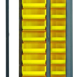 The Quantum Heavy-Duty 36 Bin Cabinet features a 36W x 18D x 78H structure with a clear acrylic door revealing rows of (18) Qus250 yellow bins. Its durable, gray powder-coated finish and 14 gauge all-welded construction ensure sturdy use while offering an organized display.
