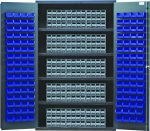 The Quantum Heavy-Duty 48 Bin Cabinet, measuring 48W x 24D x 78H, includes four shelves with Qic-122 gray interlocking drawers and doors lined with 128 Qus210 blue bins, providing a neatly organized storage solution for small items. It features a solid all-welded construction supporting up to 400 lbs per shelf.