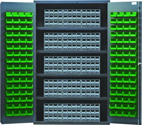 The Quantum Heavy-Duty 48 Bin Cabinet features 14-gauge all-welded construction and dimensions of 48W x 24D x 78H. It includes four shelves with a load capacity of 400 lbs each, accompanied by (15) Qic-122 gray interlocking drawers and (128) Qus210 green bins in a gray powder-coated finish.