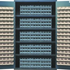 The Quantum Heavy-Duty 48 Bin Cabinet boasts four shelves with a 400 lb. load capacity each and includes (15) gray interlocking drawers and (128) ivory bins. Its 14-gauge all-welded construction offers a stylish, practical storage solution in a sleek gray powder-coated finish.