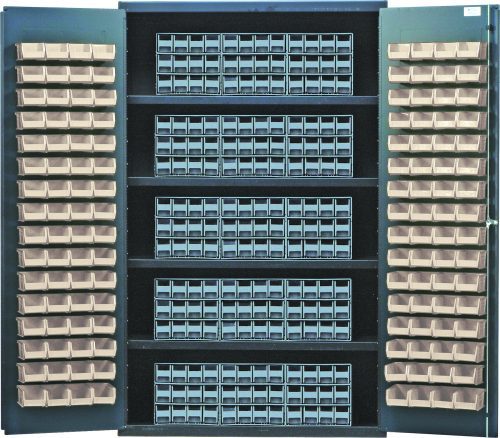 The Quantum Heavy-Duty 48 Bin Cabinet boasts four shelves with a 400 lb. load capacity each and includes (15) gray interlocking drawers and (128) ivory bins. Its 14-gauge all-welded construction offers a stylish, practical storage solution in a sleek gray powder-coated finish.