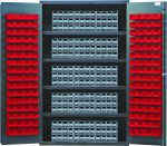 The Quantum Heavy-Duty 48 Bin Cabinet, constructed with 14 gauge all welded material, measures 48W x 24D x 78H and features a gray powder-coated finish. It includes four shelves with fifteen Qic-122 gray interlocking drawers and 128 Qus210 red bins; red bins are on the doors.