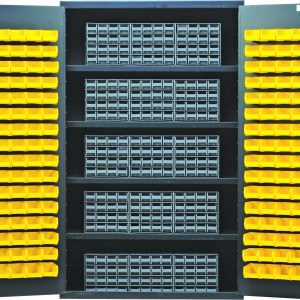 The Quantum Heavy-Duty 48 Bin Cabinet, measuring 48W x 24D x 78H, features open doors with 128 yellow bins and 15 gray drawers. Its robust 14-gauge all-welded construction supports a load capacity of up to 400 lbs per shelf, ideal for efficiently organizing various small items.