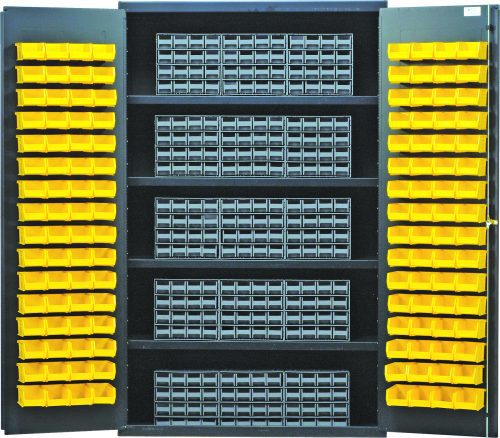 The Quantum Heavy-Duty 48 Bin Cabinet, measuring 48W x 24D x 78H, features open doors with 128 yellow bins and 15 gray drawers. Its robust 14-gauge all-welded construction supports a load capacity of up to 400 lbs per shelf, ideal for efficiently organizing various small items.