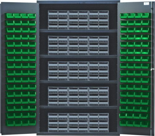 The Quantum Heavy-Duty 48 Bin Cabinet measures 48W x 24D x 78H and showcases two open doors with green bins. Inside, gray interlocking drawers sit on four shelves, each supporting up to 400 lbs. Its 14-gauge all-welded construction ensures durability, while the gray powder-coated finish adds a sleek touch.