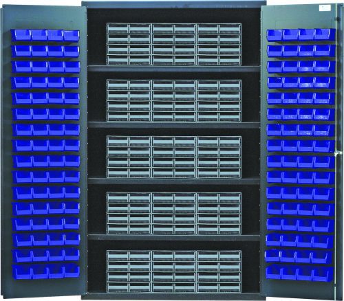 The Quantum Heavy-Duty 48 Bin Cabinet features open doors with rows of interlocking drawers and bins. It has four shelves, each with a 400 lb. load capacity, and includes 15 gray drawers and 128 blue bins for organized storage, all in a durable gray powder-coated finish.