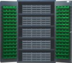 The Quantum Heavy-Duty 48 Bin Cabinet with interlocking drawer storage, measuring 48W x 24D x 78H and featuring a gray powder-coated finish, includes four shelves with a 400 lb. load capacity each, plus 128 green bins and 15 gray drawers—perfect for organizing small parts or tools efficiently.