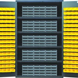 The Quantum Heavy-Duty 48 Bin Cabinet features open doors with 15 Qic-86 gray interlocking drawers and multiple Qus210 yellow bins on each inner door side. The unit measures 48W x 24D x 78H, boasts a sturdy 14-gauge all welded construction, and supports up to 400 lbs per shelf.