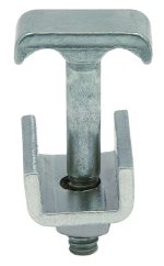 Close-up of the Quantum Solid Shelf Clamp, featuring a metallic T-shaped head and threaded bolt. Its U-shaped base grips surfaces securely, while the aluminum finish and galvanized surface offer a sleek, shiny appearance.