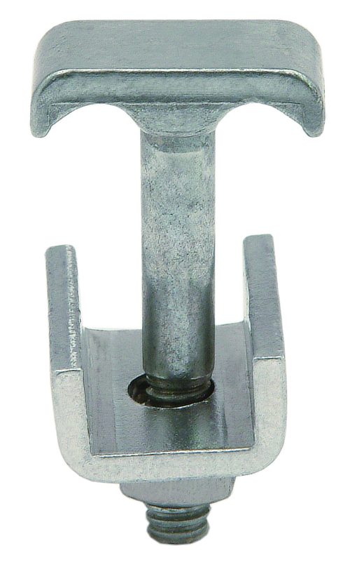 Close-up of the Quantum Solid Shelf Clamp, featuring a metallic T-shaped head and threaded bolt. Its U-shaped base grips surfaces securely, while the aluminum finish and galvanized surface offer a sleek, shiny appearance.